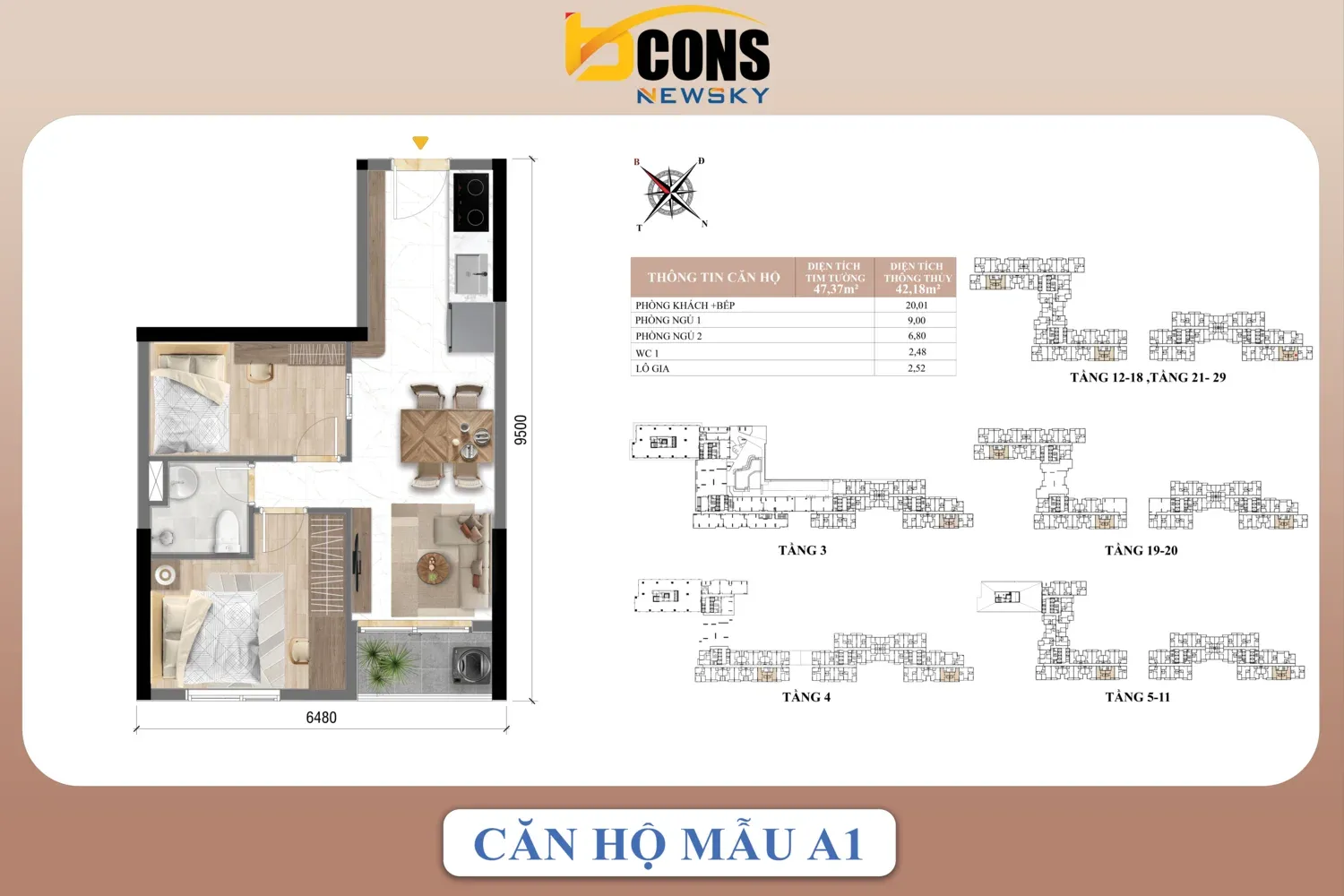 Mặt bằng căn hộ A1 Bcons NewSky