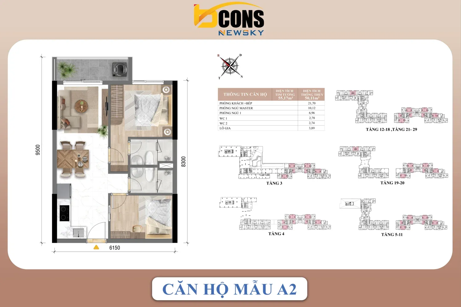 Mặt bằng căn hộ A2 Bcons NewSky