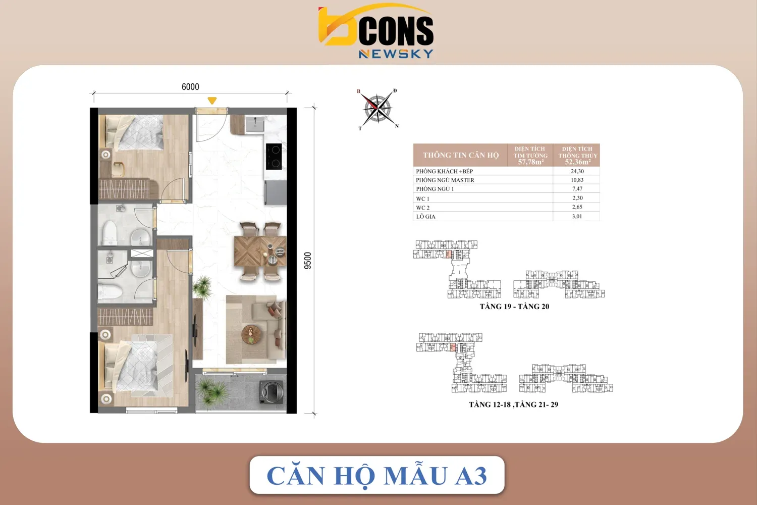 Mặt bằng căn hộ A3 Bcons NewSky