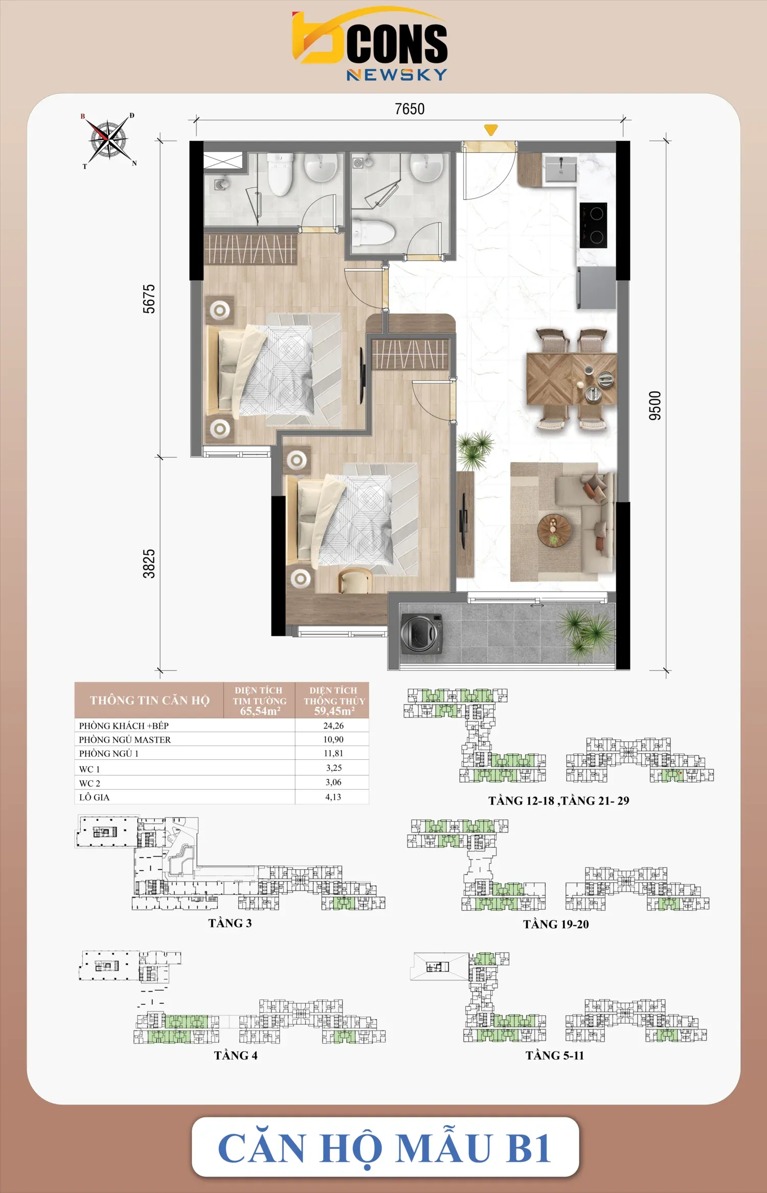 Mặt bằng căn hộ B1 Bcons NewSky