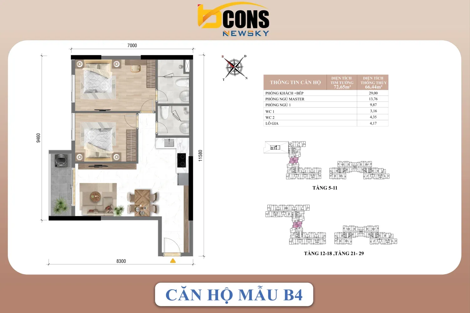 Mặt bằng căn hộ B4 Bcons NewSky