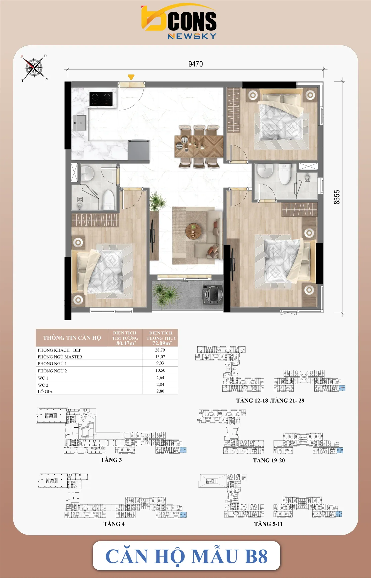 Mặt bằng căn hộ B8 Bcons NewSky